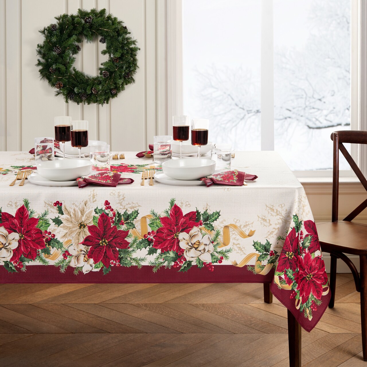 Threadmade Home Poinsettia Garlands Engineered Tablecloth, Multicolor - 60"W x 144"L